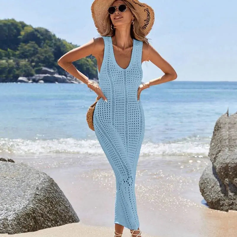 S - XL 2025 V Neck Hollow Out Crochet Knitted Tunic Beach Cover Up Long Cover-ups Beach Dress Beach Wear Beachwear Female Women