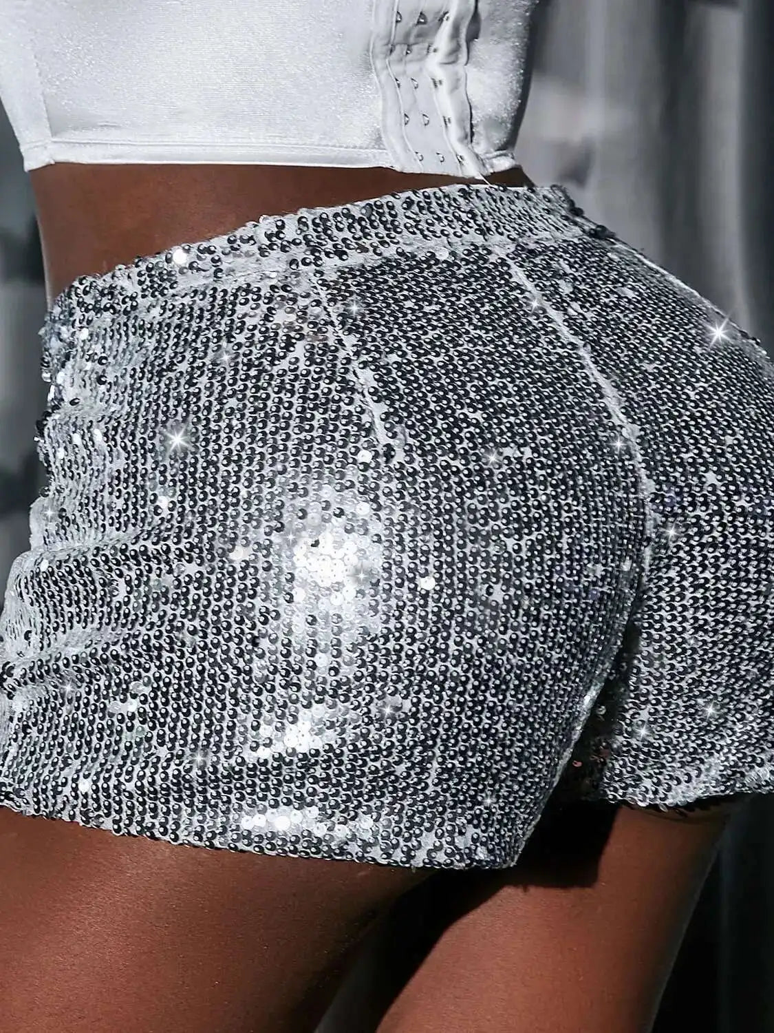 New Versatile Sequins High Waist Shorts Casual Shorts Bar Dance Performance Shorts Shine Zipper Sexy Pure Desire Nightclub XMWV