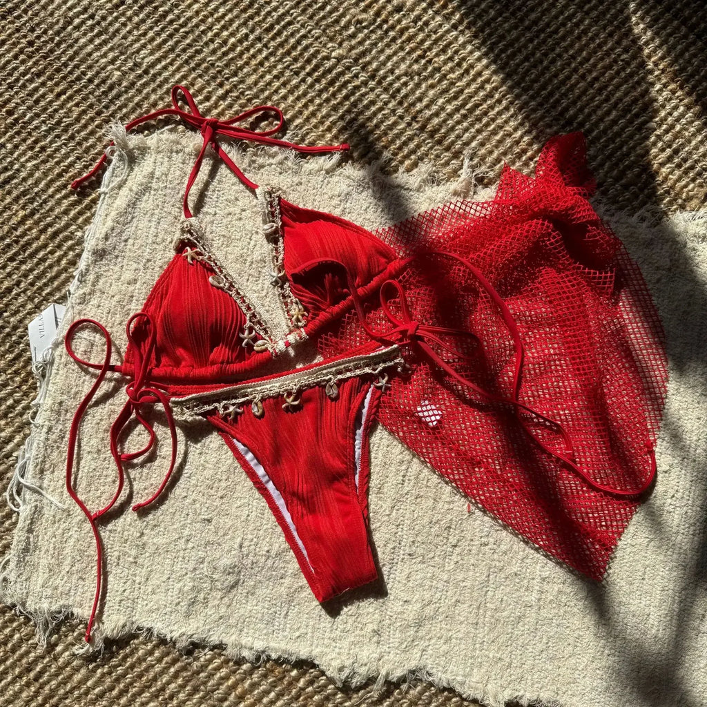 With Mesh Sarong Wrinkled Halter Shell Bikini Female Swimsuit Women Swimwear Three-pieces Bikini Set Bathing Suit Swim Beachwear