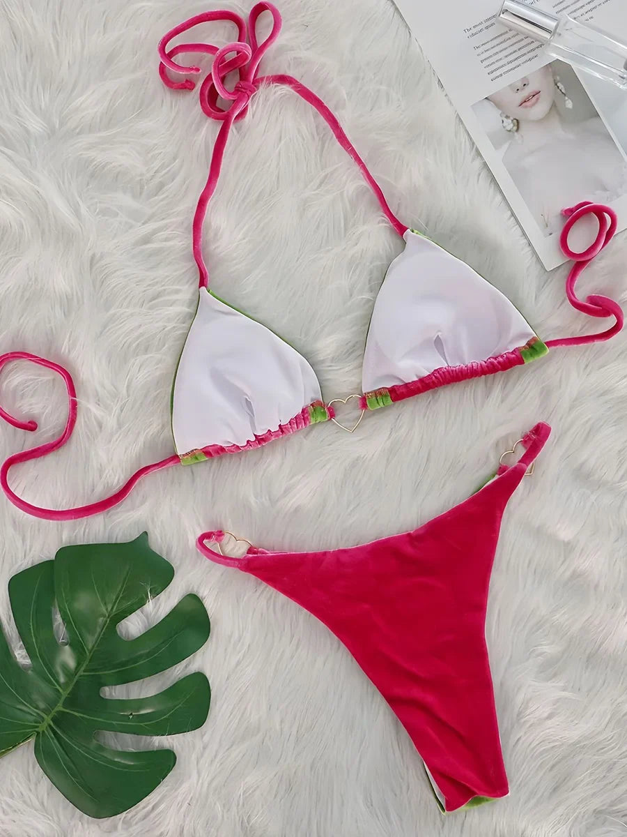 2025 Splicing Halter Velvet Bikini Female Swimsuit Women Brazilian Swimwear Two-pieces Bikini Set High Cut Bathing Suit Swim