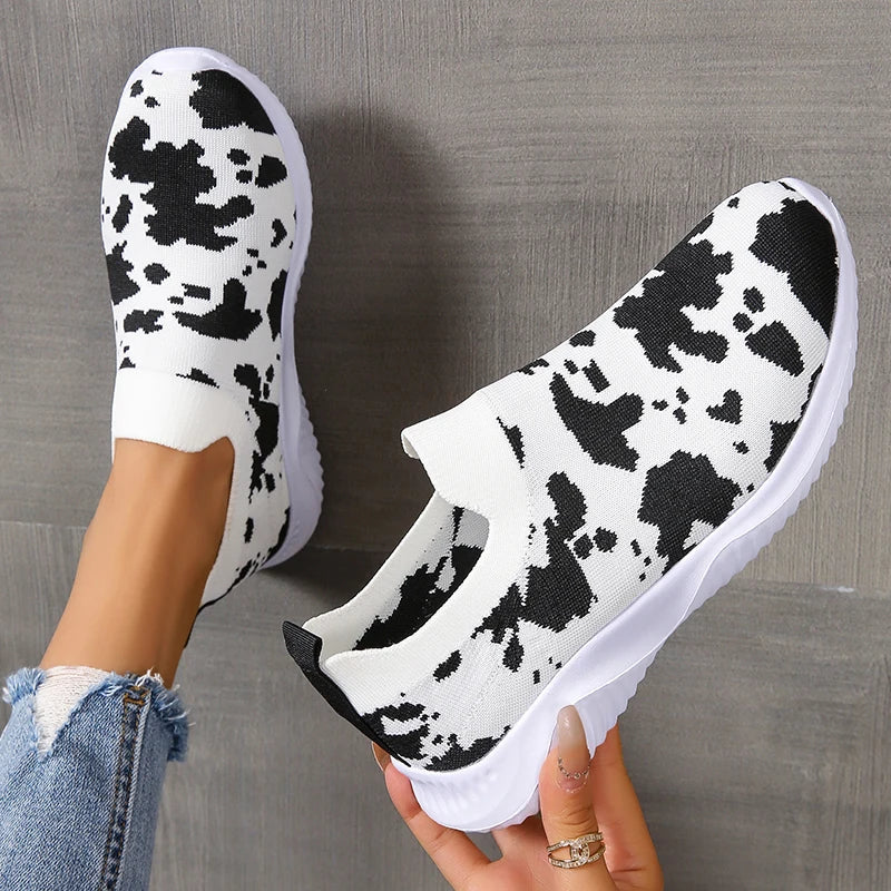 Plus Size 43 Printed Knitted Flats Shoes Women 2026 Breathable Mesh Soft Sole Sneakers Woman Comfy Non Slip Casual Sport Shoes