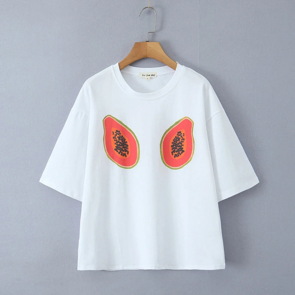 Foridol Papaya Print Fruit T-shirt Women Summer Loose Casual Shirts Blusa Half Sleeve White Spring Summer Shirt 2025 Blouse
