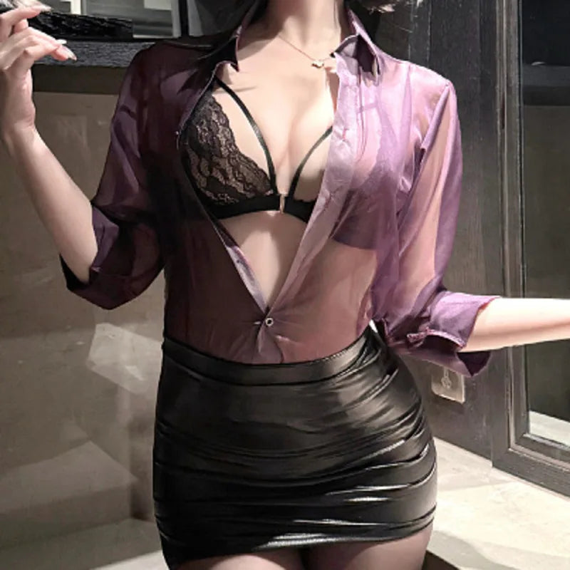 Translucent Purple Shirt Paired With A Skirt Set Secretary Sexy For Women Alluring And Pure Desire Dress Nightclub Style 89JL