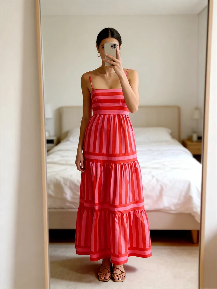 Women's Striped Print Dress Sleeveless Spaghetti Strap Square Neck Tiered Long Dress for Holiday Casual Boho Sundress