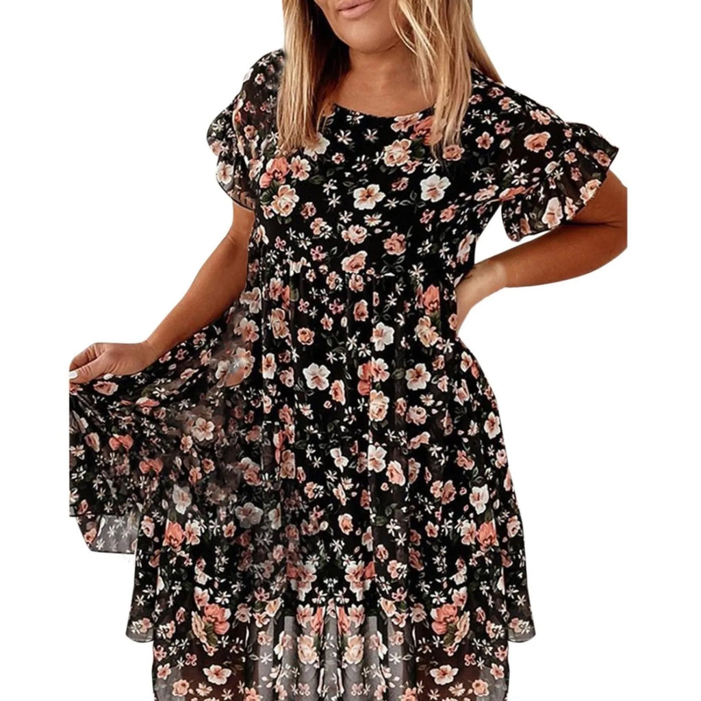 Summer Lady Ruffle Mini A Line Dress Women Casual Floral Print Dresses O Neck Elegant Short Sleeve Midi Dress Vacation Vestidos