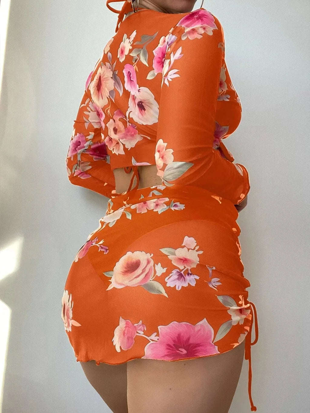2026 Summer Women's 4 Pieces Suit Swimwear Neck Lace-up Bikini Set+crop Top+skirts Floral Print Gauze Swimsuit Beachwear Biquini