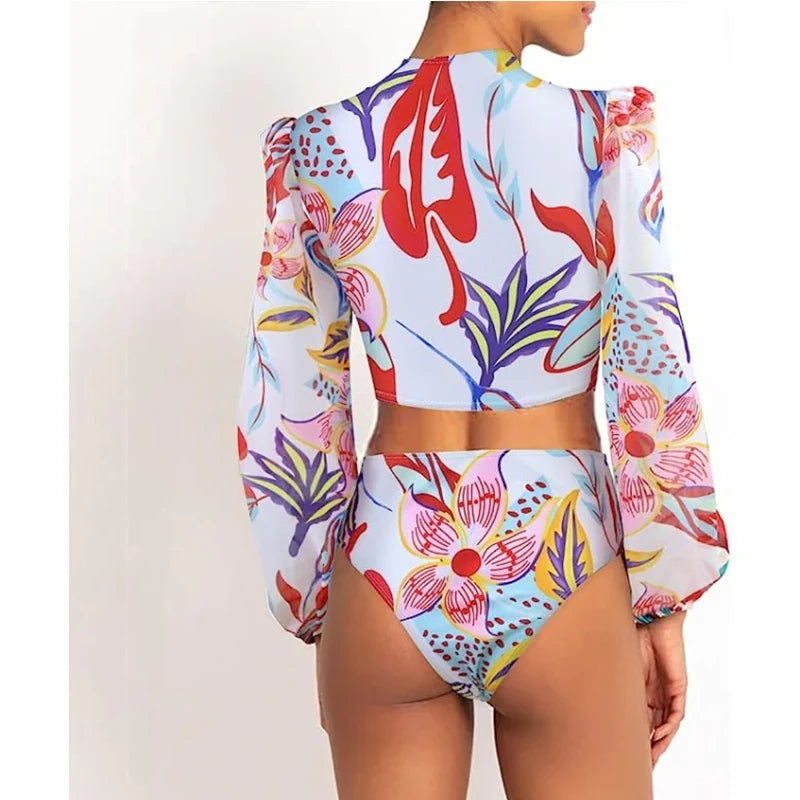 Long Sleeve Swimwear 2024 Surfing Bathing Suit Women Backless Print One Piece Swimsuit Retro Rashguard Monikini Bodysuit