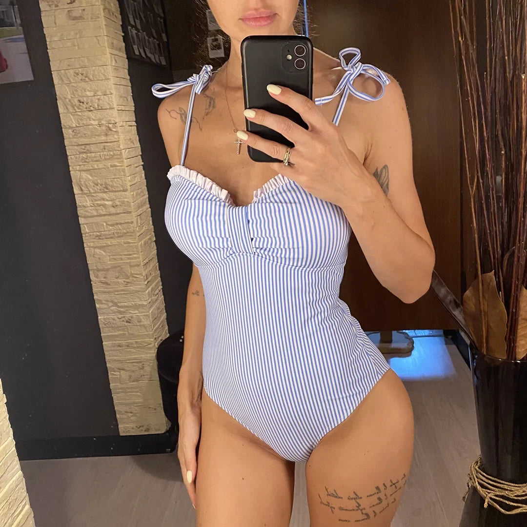 S - XL New Sexy Striped Frilled Strappy Women Swimwear One Piece Swimsuit Female Monokini Padded Bather Bathing Suit Swim V6949