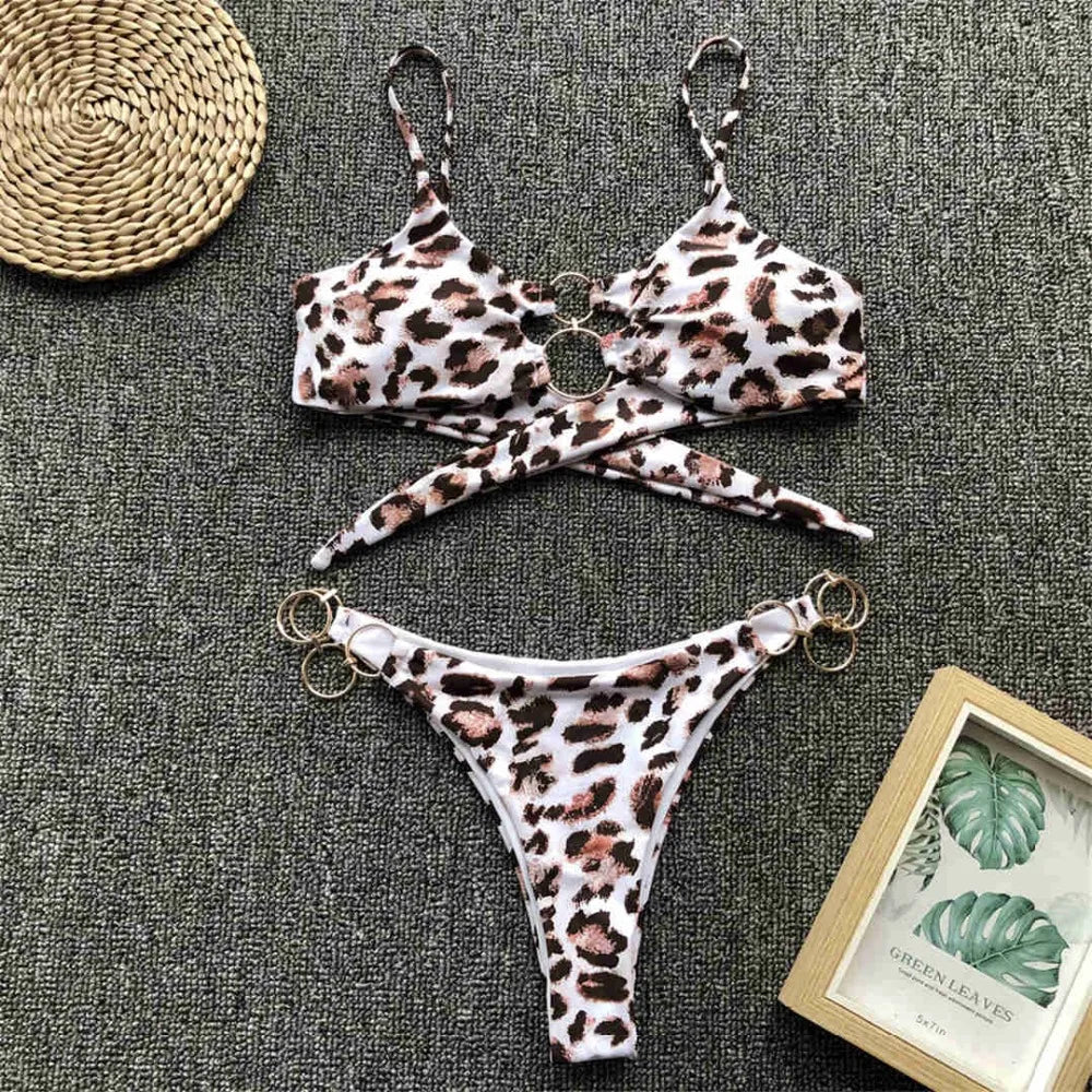 Metal Rings Leopard Brazilian Bikini Women Swimwear Female Swimsuit Two-piece Bikini set Thong Bather Bathing Suit Swim V1441