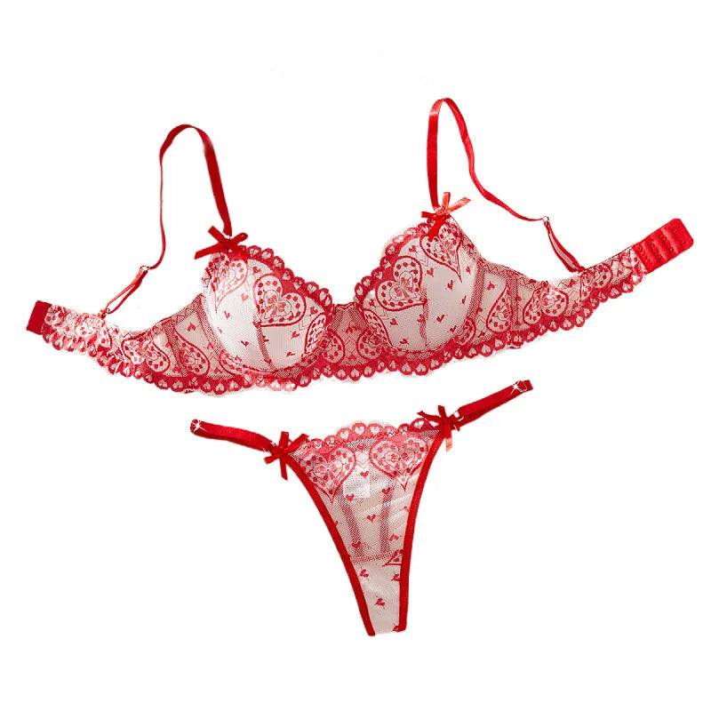European and American erotic lingerie love lace print Valentine's Day pure desire push-up bra set