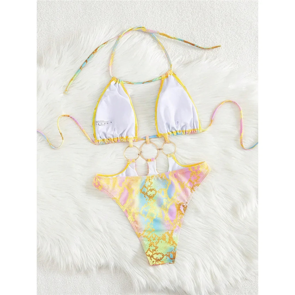 S - XL Printed Halter Metal Rings One Piece Swimsuit Women Swimwear Female Monokini High Leg Cut Bather Bathing Suit Swim V7721