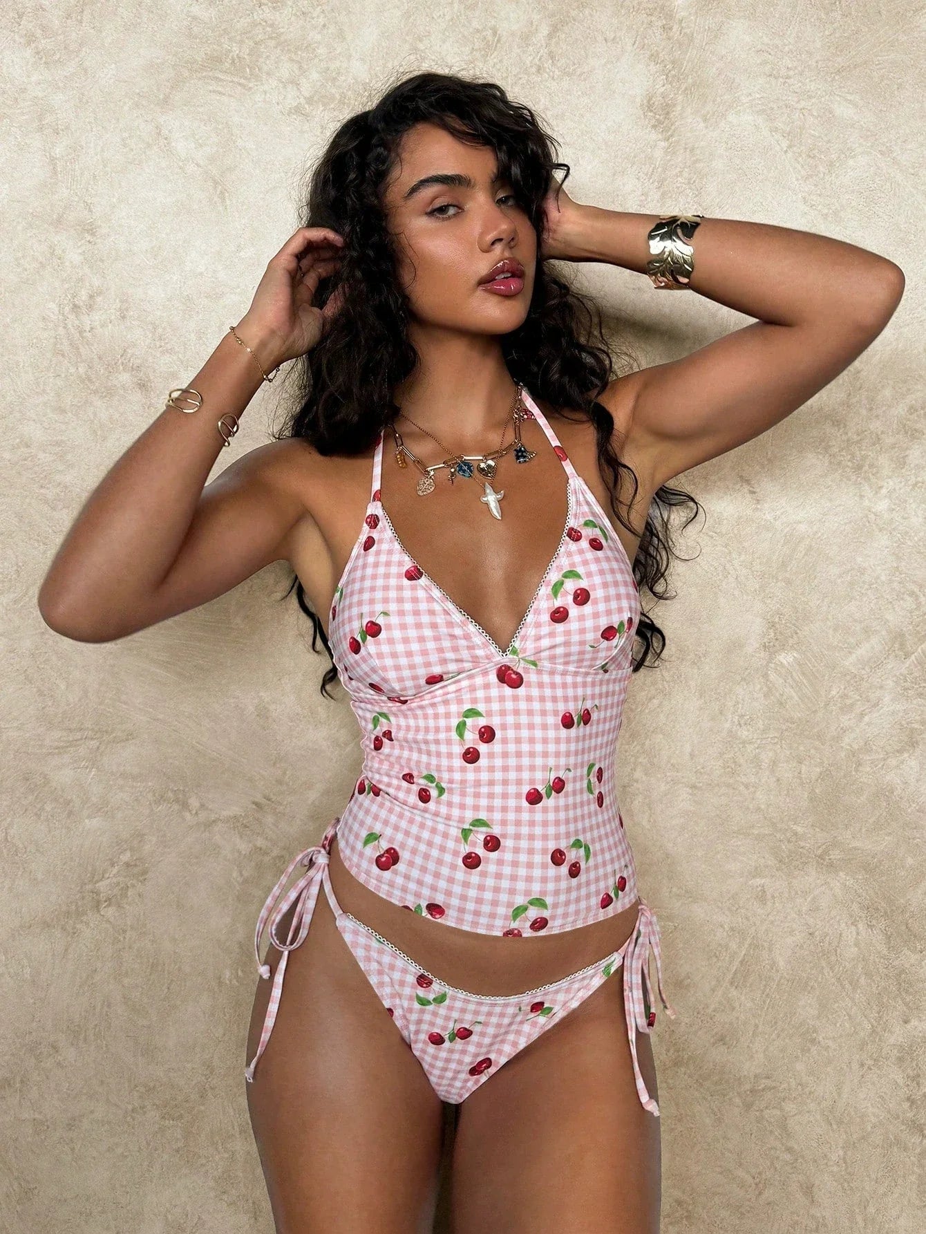 DEKA Pure Desire Pure Pink Cherry Bikini Set Push Up Mesh Lace Up Sexy Swimwear Wrap Print Pattern Spice Girls Swimsuit