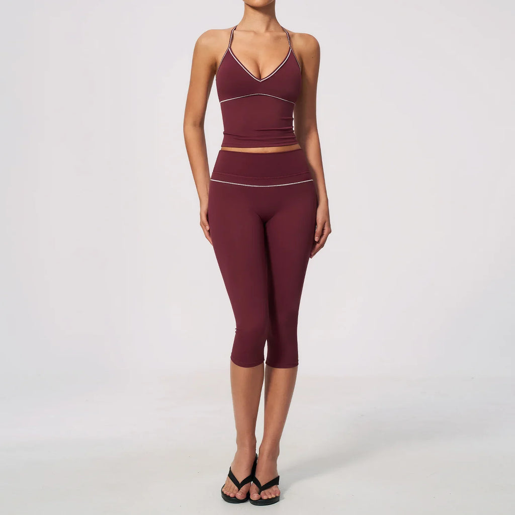 Summer Color Blocking Yoga Suit Women Tracksuit Hanging Neck V Neck Slim Sports Vest Tight Hip Lifting Capri Pants Fitness Sets