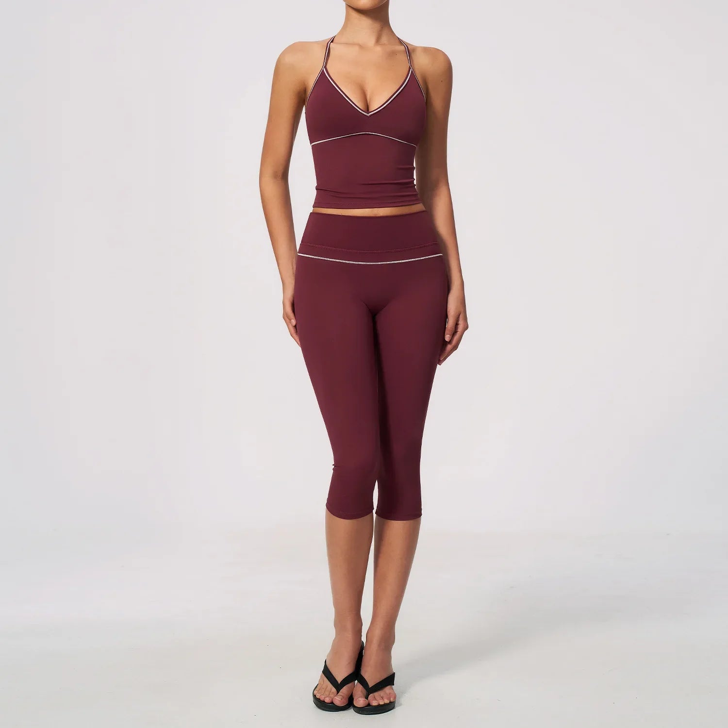 Summer Color Blocking Yoga Suit Women Tracksuit Hanging Neck V Neck Slim Sports Vest Tight Hip Lifting Capri Pants Fitness Sets