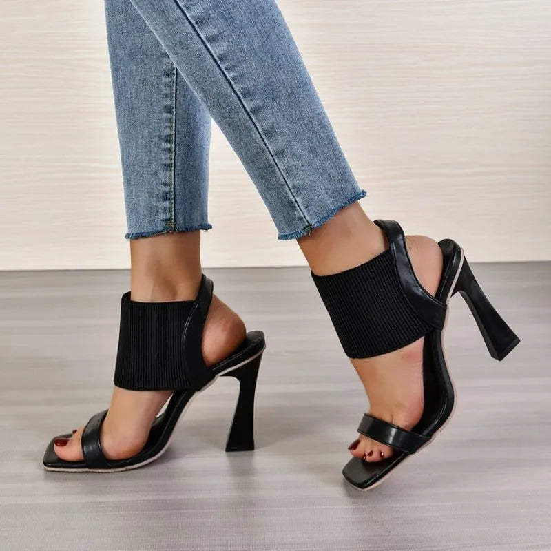 Square Toe High Heeled Sandal Women's Elastic Strap Slingback Pyramid Heeled Shoes Fashion Plus Size Sandals with Peep Toe Heels