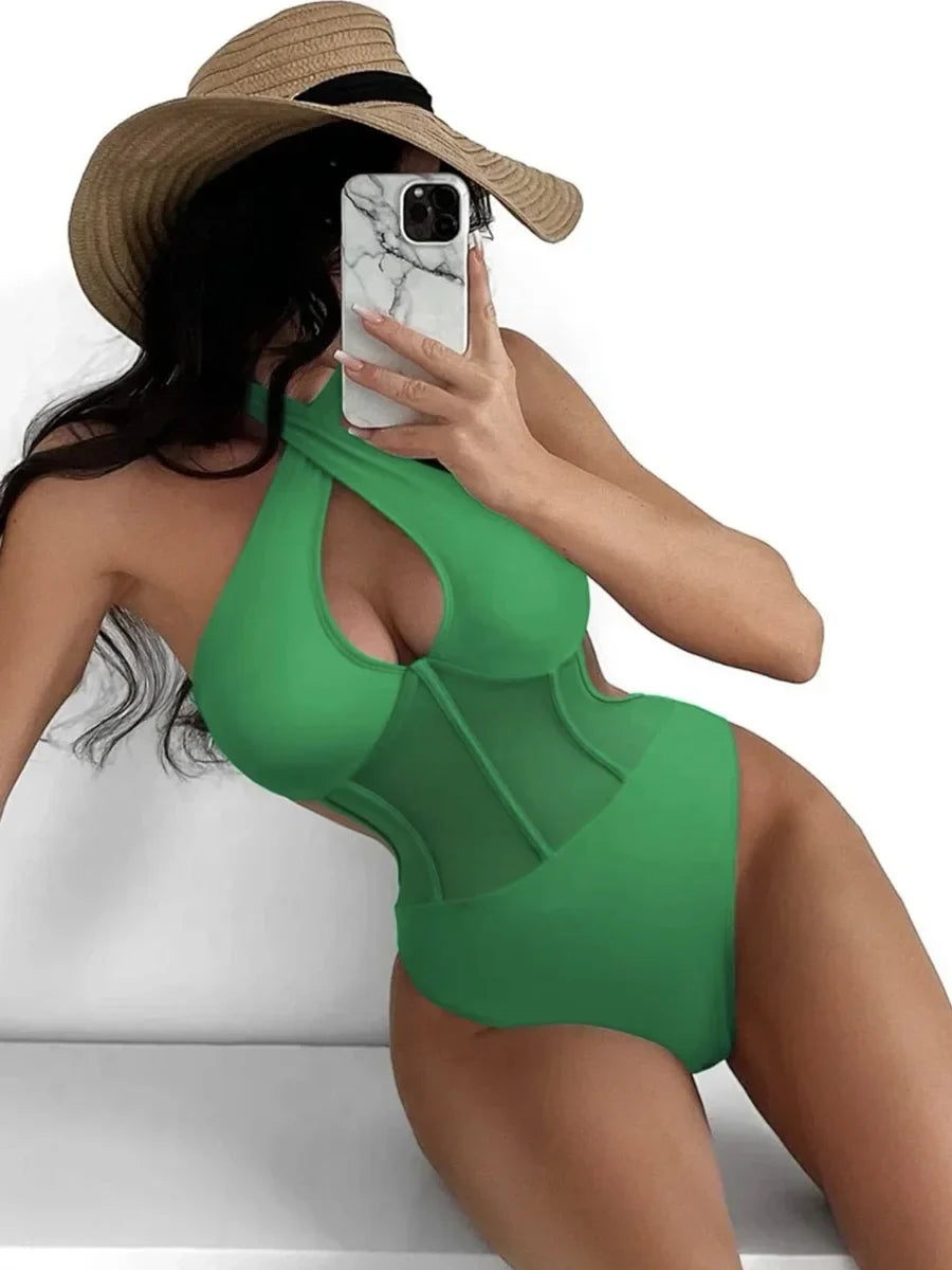 Halter Mesh Sheer Underwired One Piece Swimsuit Women Swimwear Female Backless Hollow Out Monokini High Cut Bathing Suit Swim