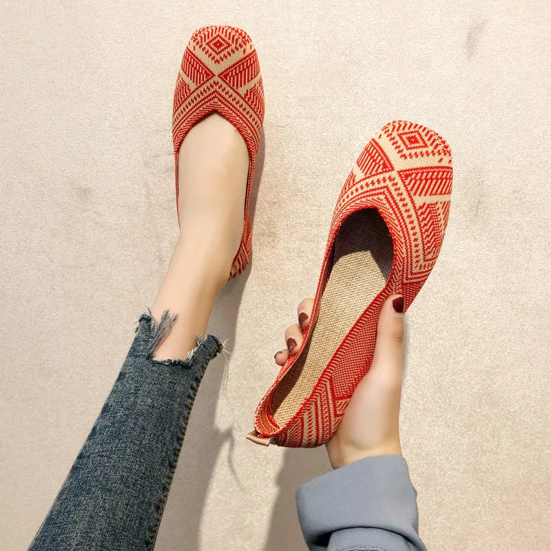 Spring and Autumn Flat Shoes Fashion Leisure Women's Flat Shoes Square Toe Knitting Elastic Comfortable Slip-on Boutique Shoes