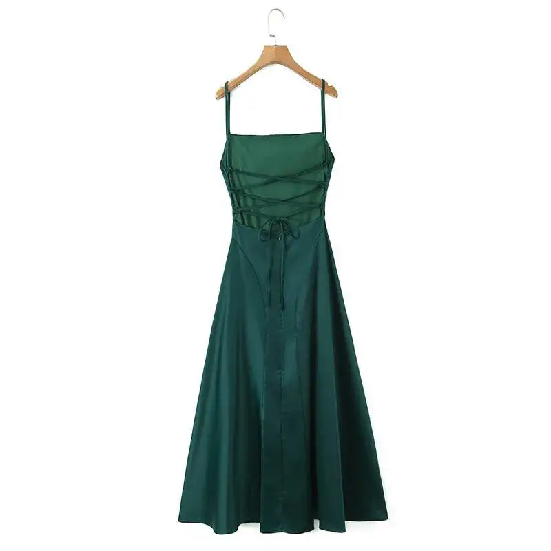 Australian Women's Back-cross-strap Hollow-out Camisole Dress With Chest Pleats Slim-fit Waist And Long Skirt Pure Desire ZJBL