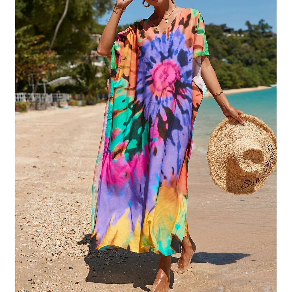 2026 New Colorful Kaftan Tunic Beach Dress Beach Wear Beachwear Beach Cover Up Cover-upsLoose Maxi Dress Female Women V4428