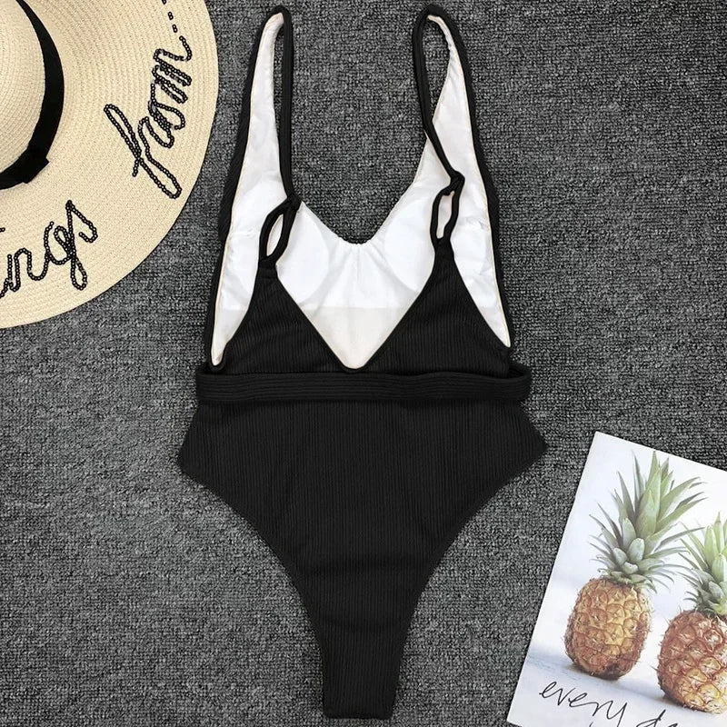 V Neck Ribbed High Leg Cut Women Swimwear One Piece Swimsuit Female Backless Monokini Bather Waist Belt Bathing Suit Swimwear