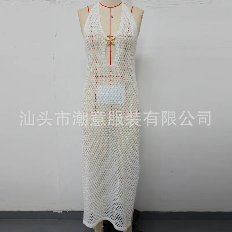 DEKA Women Knitted Beach Deep V Cover Ups Crochet Cutout Backless Dress for Bikini Swimsuit Bathing Suit Summer Clothes