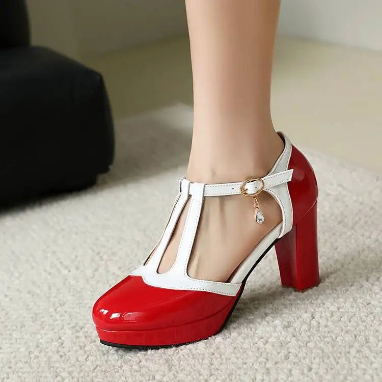 Spring Autumn New Style Fashion High-heeled Women's Shoes Color Block Round Head Shallow Mouth Buckle Square Heel Women's Shoes