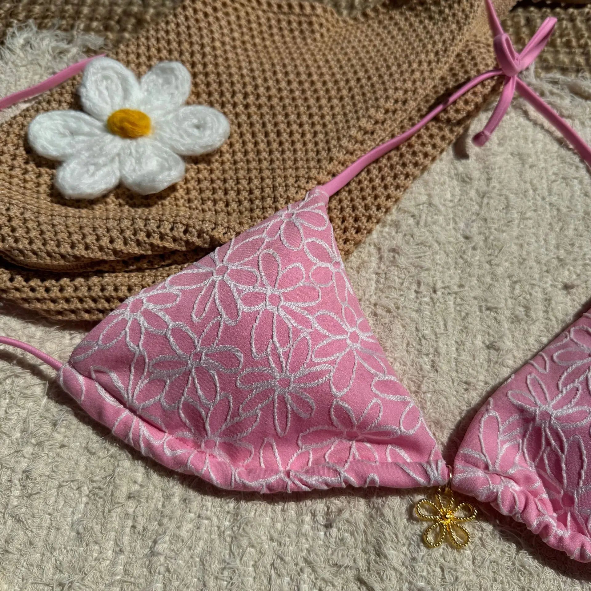 Sexy Mesh Flower Bikinis Sets Women Hot Pink Halter Push Up Bra Tie Side Swimsuit 2026 Beach Bathing Suit Holiday Micro Swimwear