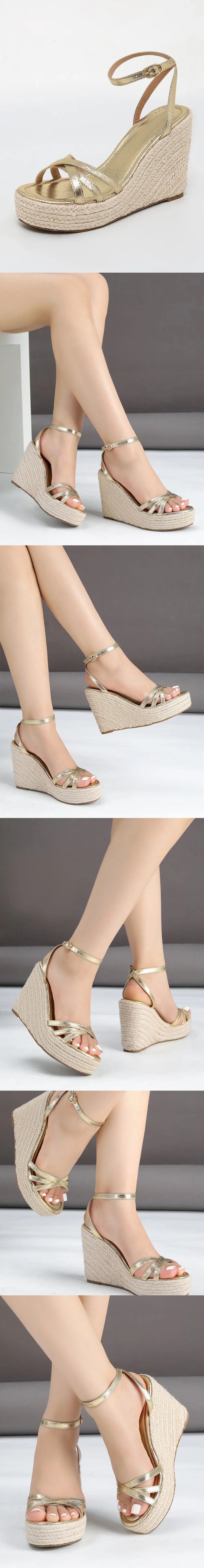 Comfy Walk Big Size 43 Summer Rome Espadrilles Sandals Women Ankle Strap Sandals High Heels Wedges Shoes Gold Platform Sandal