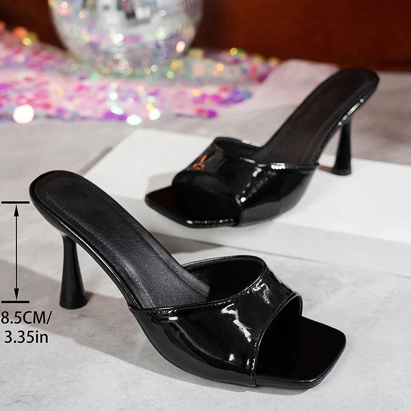 Fashion Pu Leather High Heel Sandals Women Summer Square Toe Stiletto Heels Mules Shoes Woman Plus Size 43 Slip On Sandalias