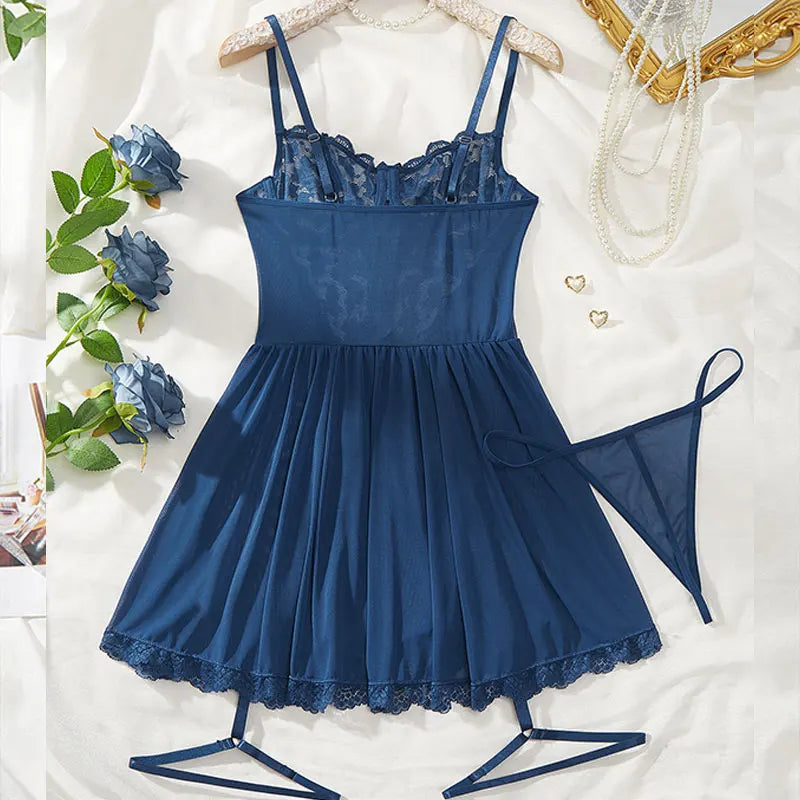 New Garter Pajamas Exquisite Women's Lingerie Fancy Bra With Thong Leg Rings Erotic Nightgowns Plus Size Underwear Sleepwear Set