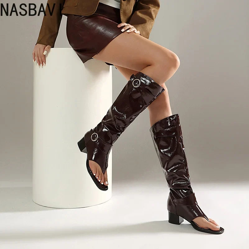 Plus Size Women Open Toe Thong Knee High Boots Metal Buckle Ruched Mid Block Heel Tall Sandal Boots Fashion Streetwear Long Boot