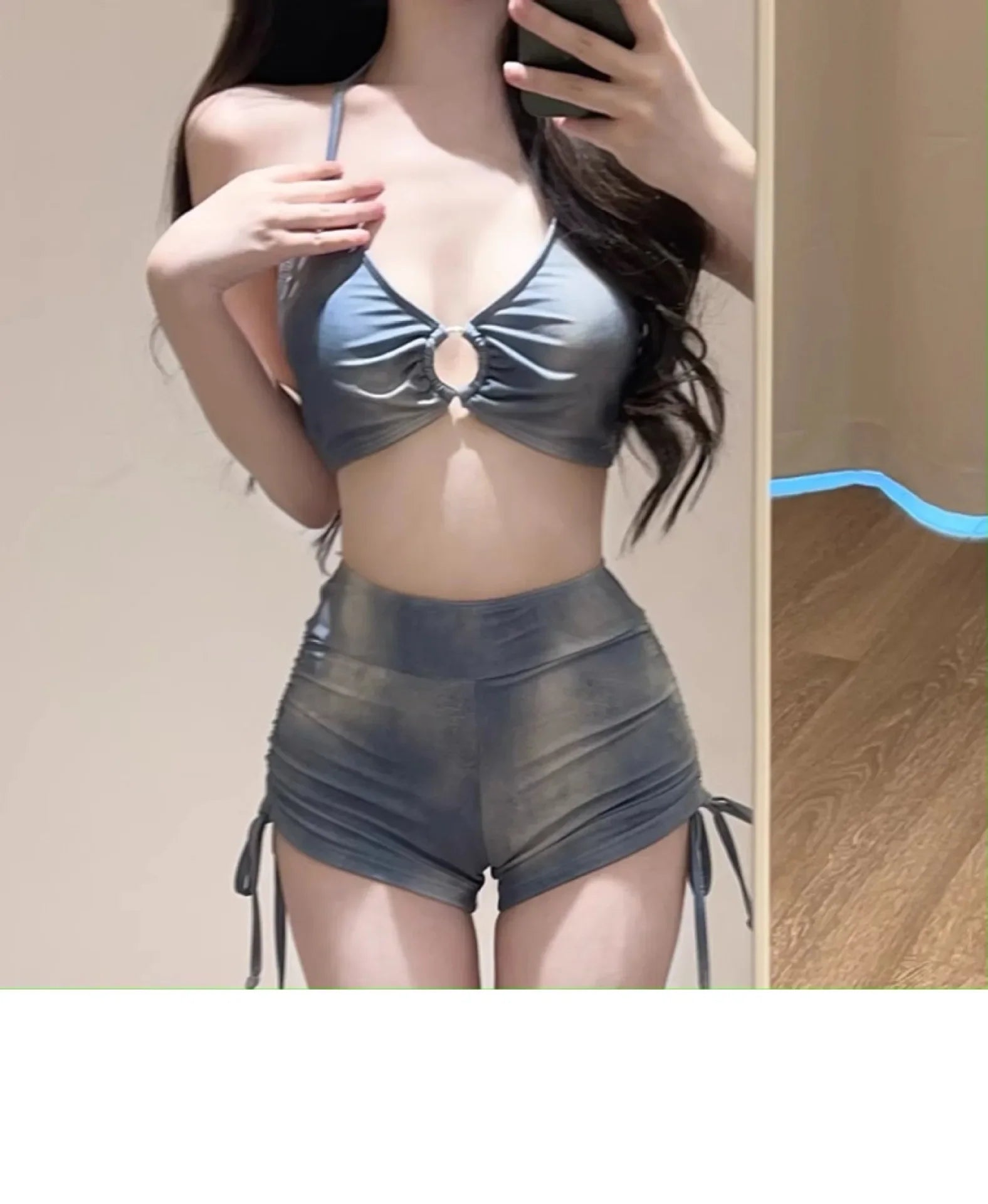 Swimsuit Women's Blue Tie Dye Split Bikini Cover, Sexy Women's Hot Spring Swimsuit Three Piece Set