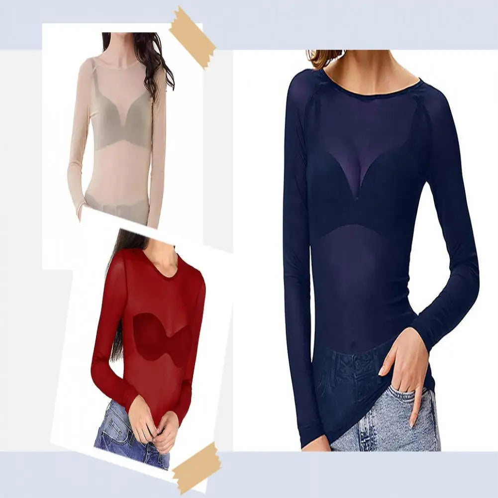 Women Mesh Bottoming Shirt See through O Neck Long Sleeve Lady Blouse Slim Fit Sexy Clear Sun Gauze Tops