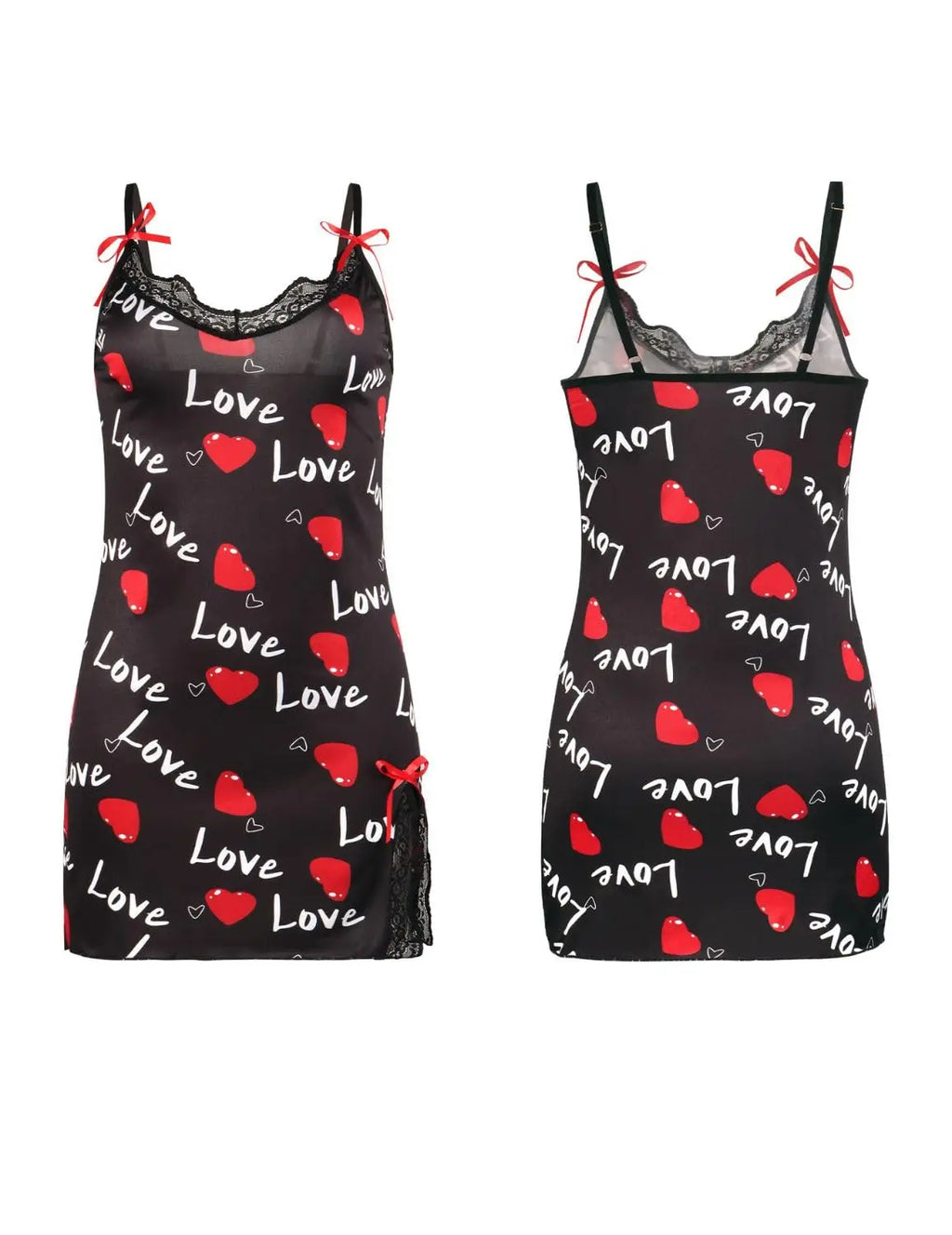New Sexy Black Nightgown for Women Red Heart  Love Print Satin Lace Trim Mini Chemise Adjustable Spaghetti Strap Lingerie