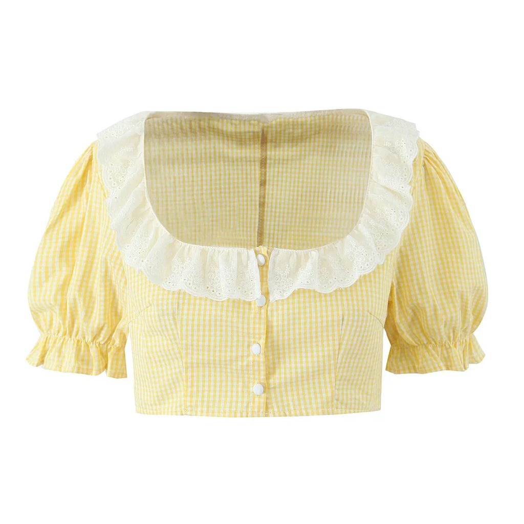 Foridol Gingham Printed Yellow Women Summer Dress Set Lace Top+skirt Sets Vintage French Style Midi Dress Oufits Plaid Vestidos