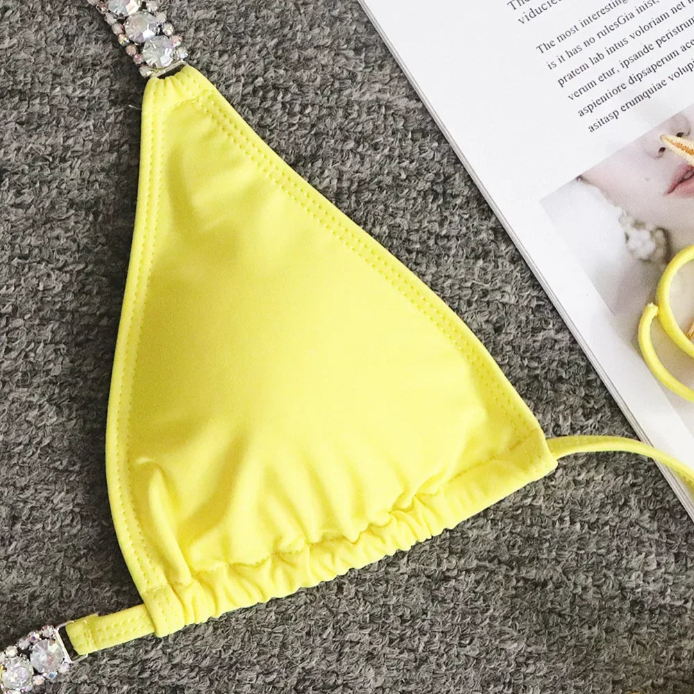 Luxury Rhinestone Bikini Women 2025 Sexy Orange Yellow Crystal Diamond Push Up Thong Swimsuit Beach Bathing Suit Tanga Swimwear