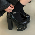 Punk Style Black Rivet Buckle High Heels Women's Trendy Gothic Sizes 36-43 Waterproof Platform Belt Buckle Thick Heel Nude Shoes