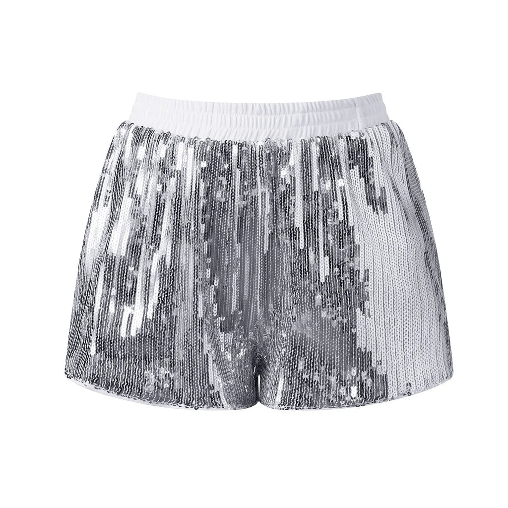 Women's Solid Color Sequin Mini Shorts Summer Fashionable Elastic Waist Going Out Micro Shorts