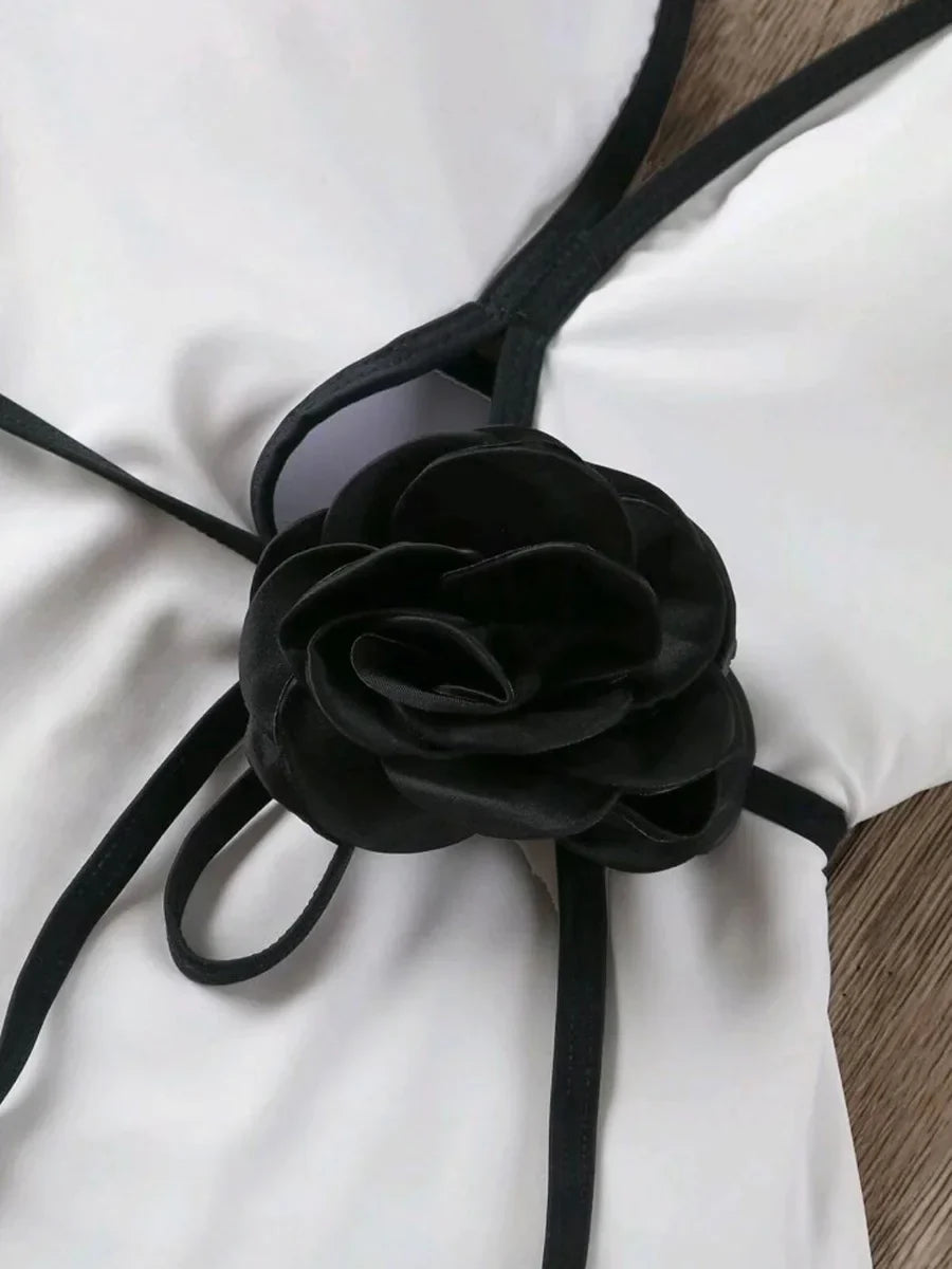 3D Flower Belt V Neck Splicing Halter Slim Women Swimwear One Piece Swimsuit Female Backless Monokini Bather Bathing Suit Swim