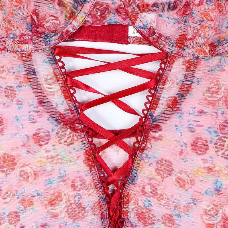 Toucheart Sexy Women Lace Backless Interesting  Babydoll Bodysuit Wrap Dress High Waisted Printing Bow Knot  Babydoll Bodysuit