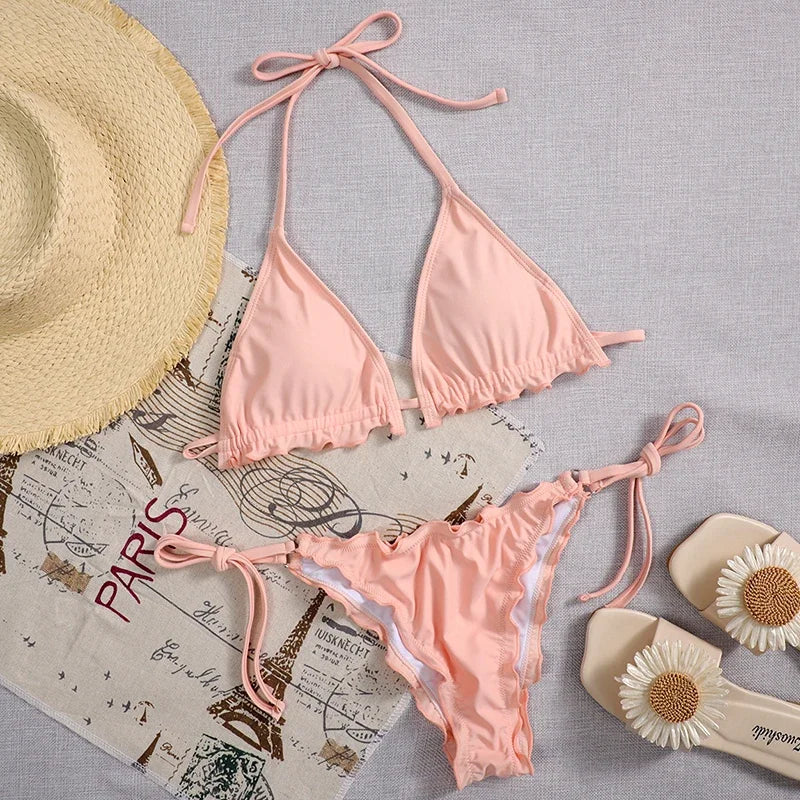 Ribbed Ruffled Frilled Brazilian Bikini Women Swimsuit Female Swimwear Two Pieces Bikini Set Halter String Bathing Suit Swim