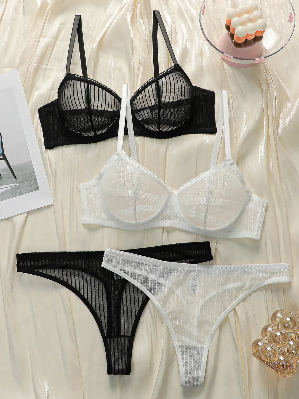 Solid color transparent lace stripe 2-piece set paired with sexy thong new women's underwear set girls Lingerie