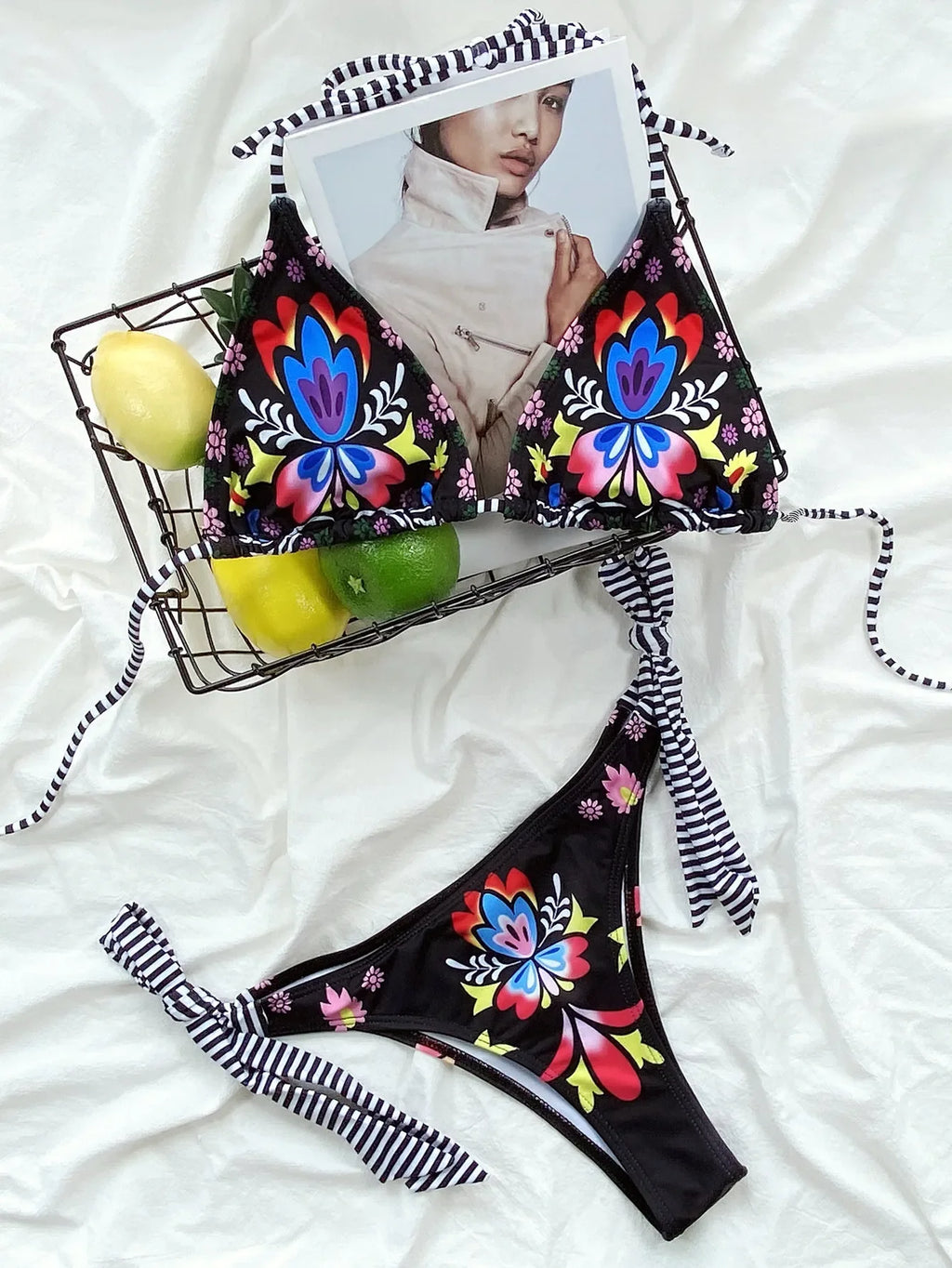2026 New Sexy Bikini Women Vintage Print Striped Swimwear Swimsuit Halter Bikinis Set Bathing Suit Beach Bikini Brasileno Female
