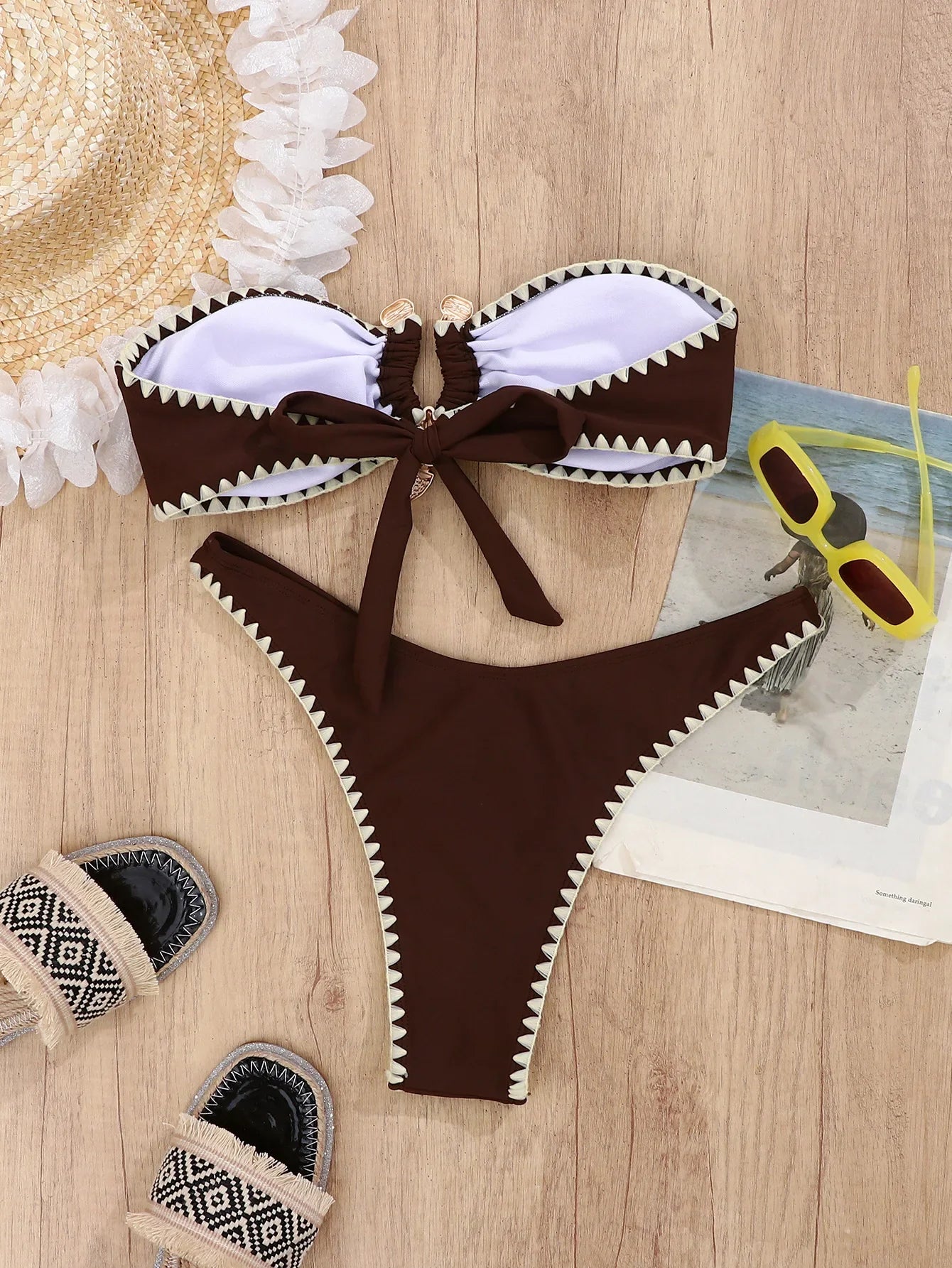 DEKA  Brazilian Bikini Solid Bandeau Bikinis Sets Woman Sexy Swimsuit Contrast Color Metal Buckle Swimwear High Cut Bathing Suit