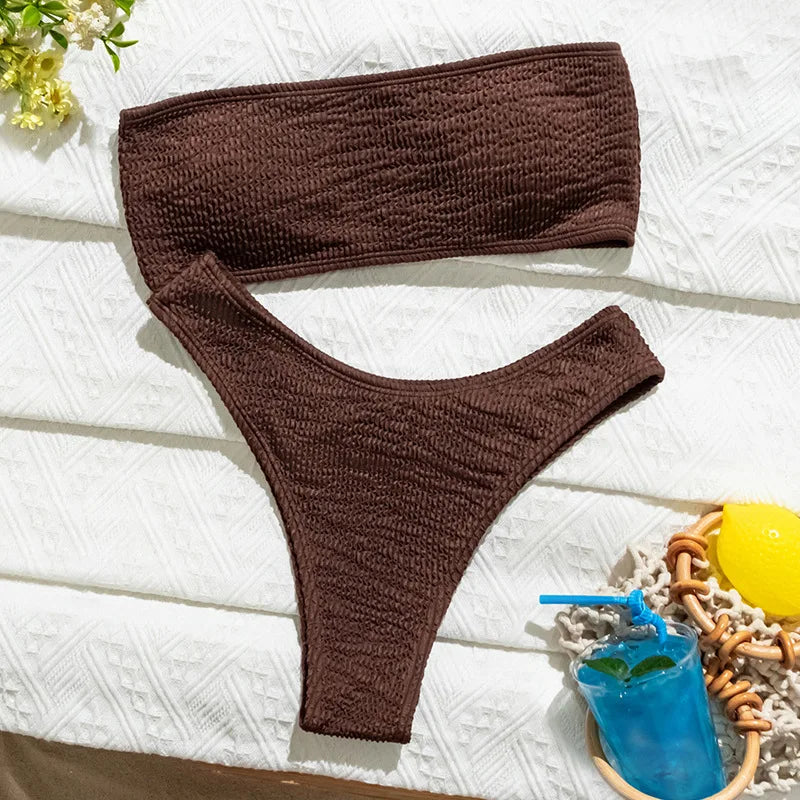 Sexy Ribbed Coffee Bandeau Bikinis Sets Two Pieces High Waist Thong Swimsuit Bathing Suit Swimwear Biquini Bakini Trikini