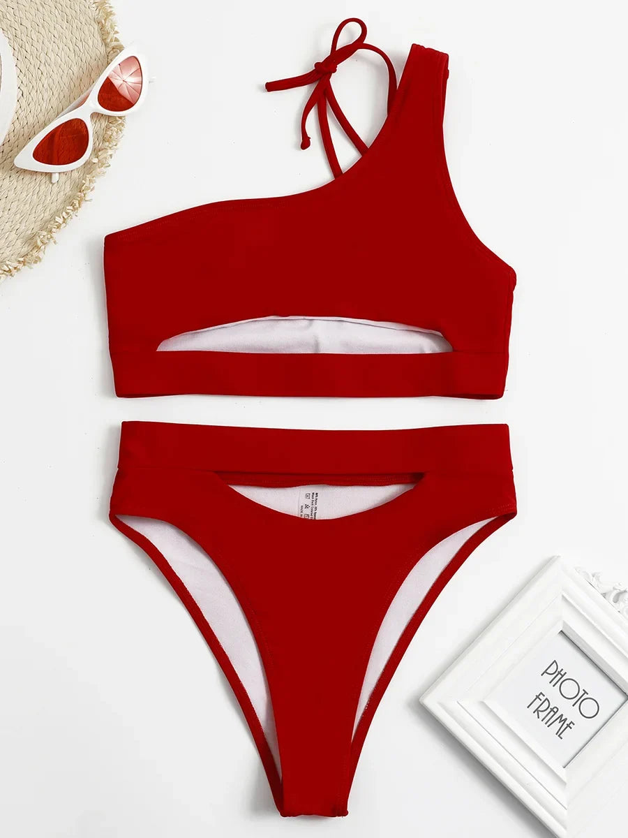 Asymmetric One Shoulder High Waist Bikini Women Swimsuit Female Swimwear Two-pieces Bikini Set Tummy Cut Out Bathing Suit Swim