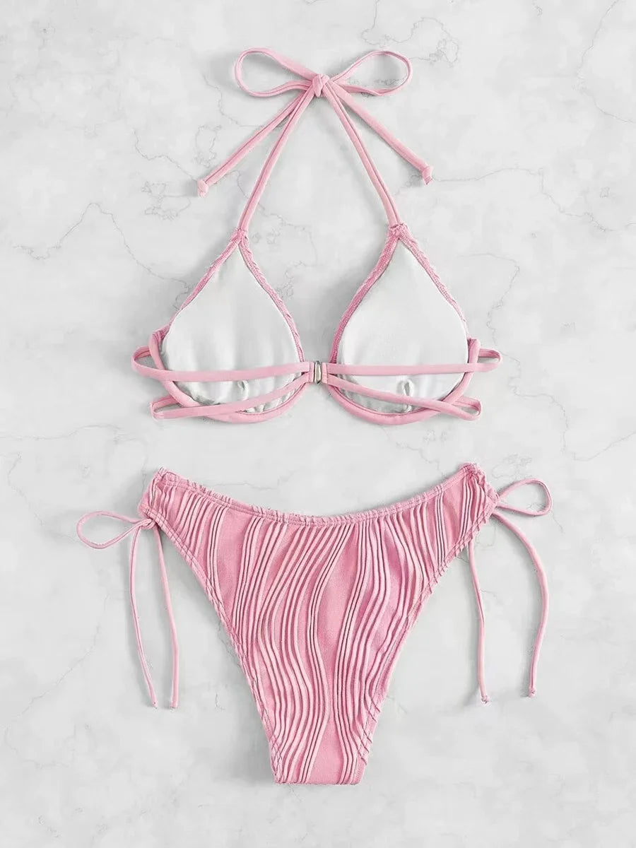 2026 Halter String Bikini Solid Push Up Swimsuit Women Sexy Swimwear Female Bathers Bathing Swimming Swim Suit Beachwear