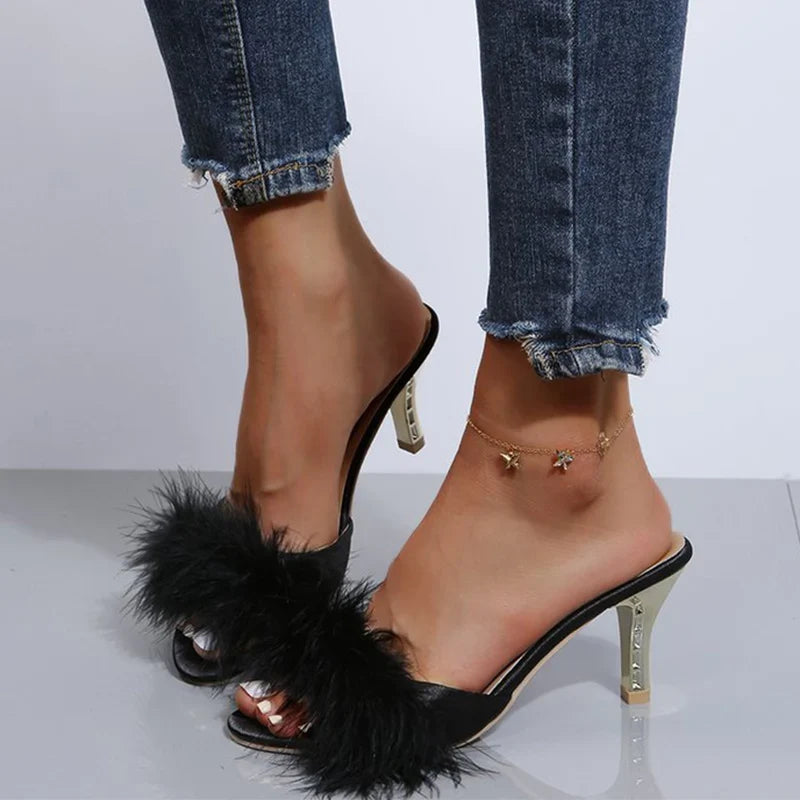 Summer Elegant Open Toe Plush Slippers for Women 2025 Suede High Heels Slippers Women Luxury Solid Thin Heels Woman Slides