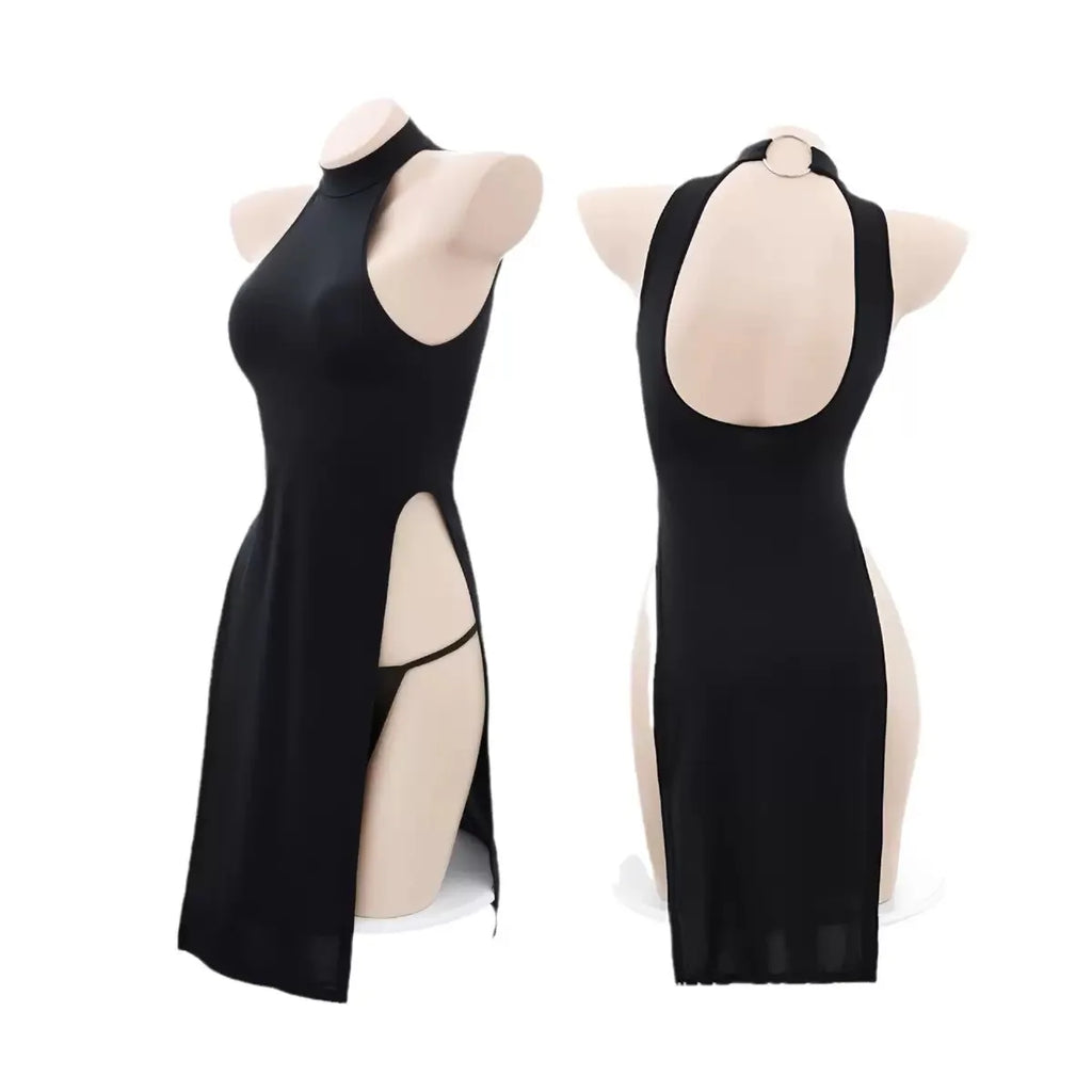 High Slit Cheongsam Uniform Temptation Erotic Nightdress Women Sexy Lingerie Dress+Panties Set Porn Sex Nightie