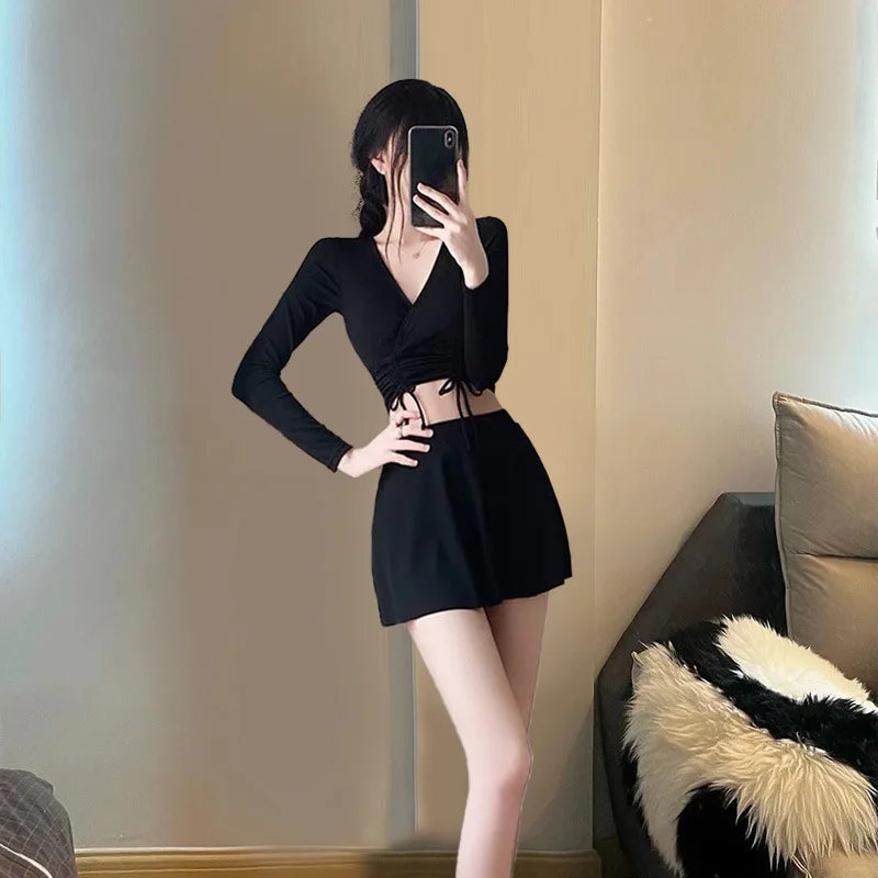 Split Swimsuit Women's Two-piece Solid Color Skirt Style Fairy Style Long Sleeved Sunscreen Sports Flat Pants Swimsuit